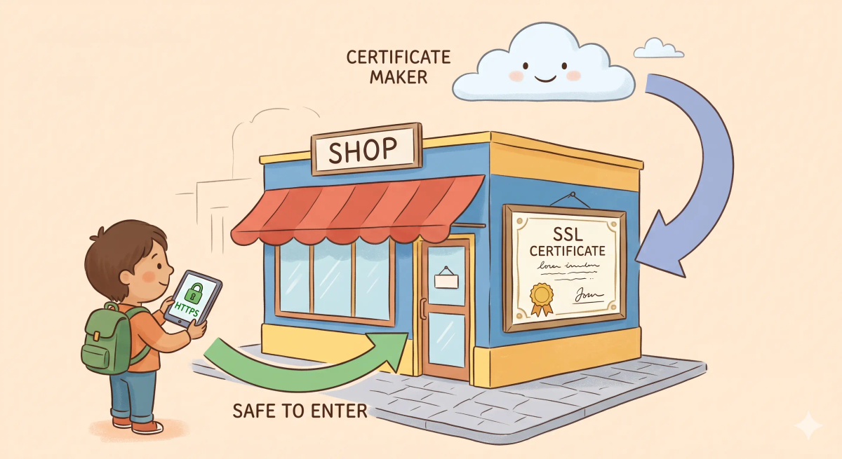 A picture showing a storefront with a framed official certificate displayed at the entrance, representing an SSL certificate that helps visitors trust the website's identity.
