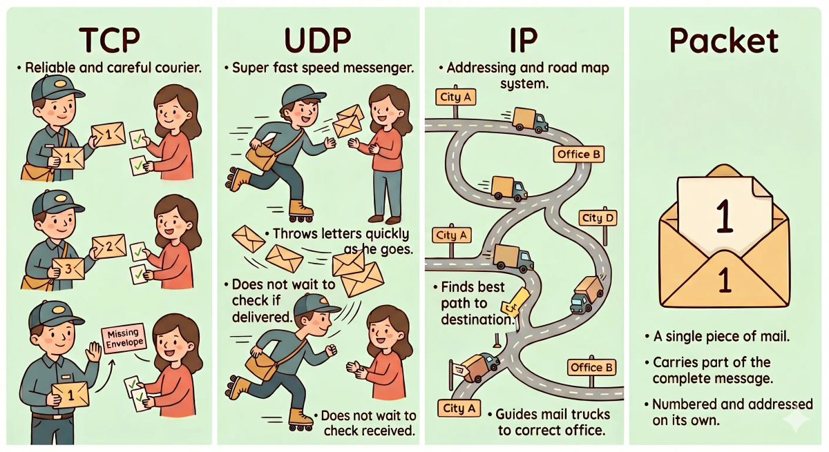 A picture showing the differences between TCP, UDP, IP, and packets using a side-by-side comparison in the same story world. TCP is shown as a careful courier delivering numbered envelopes with confirmations and resends. UDP is shown as a fast messenger tossing envelopes without confirmations. IP is shown as a road map helping envelopes reach the correct destination. A packet is shown as a single envelope carrying one piece of data.