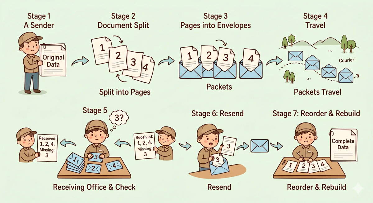 A picture showing the step-by-step process of how TCP works, from splitting data into packets, sending them, confirming delivery, resending missing pieces, and reassembling everything in order.