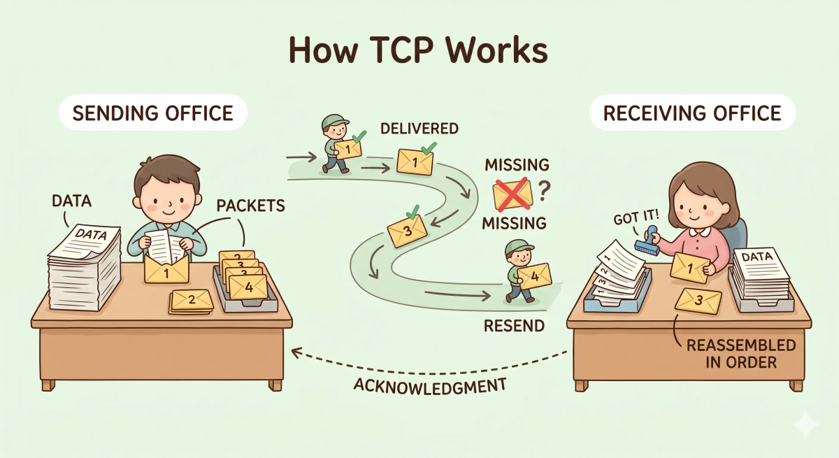 A picture showing a careful courier system that represents TCP, sending numbered pages in envelopes, checking delivery, resending missing pieces, and rebuilding the full document in order.