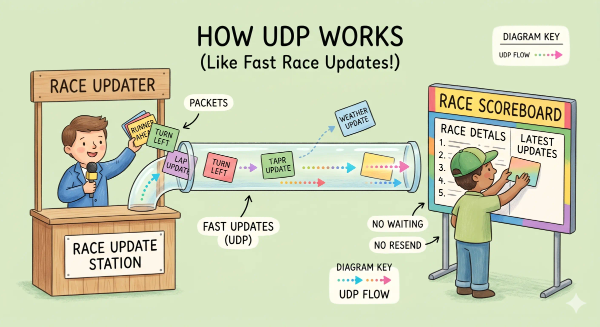 A picture showing a race reporter sending quick update cards to a scoreboard, representing how UDP sends data quickly without waiting for confirmations.