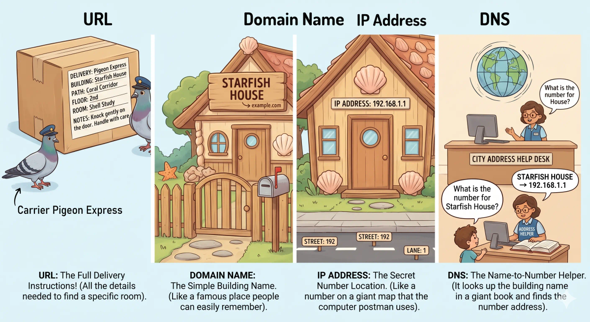 URL compared with domain name, DNS, IP address, and HTTP to show how a browser finds a web page.