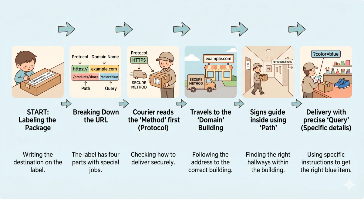 Step-by-step URL flow showing a browser reading the full address, finding the domain name, asking DNS, and loading a specific page.