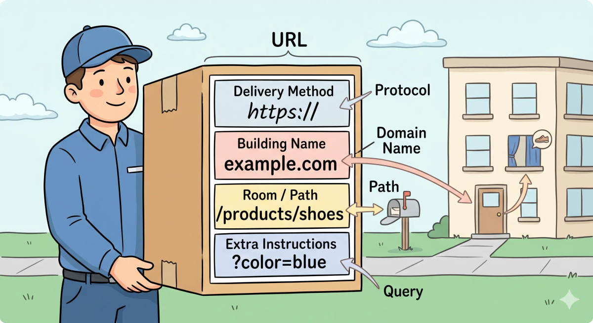URL shown as a full delivery label on a package, including the website name and exact path to the requested page.