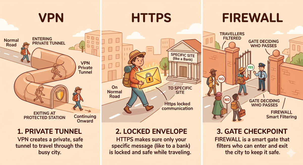 A picture showing the differences between a VPN, HTTPS and a firewall using a city and tunnel analogy, with clear labels and distinct visuals for each concept.