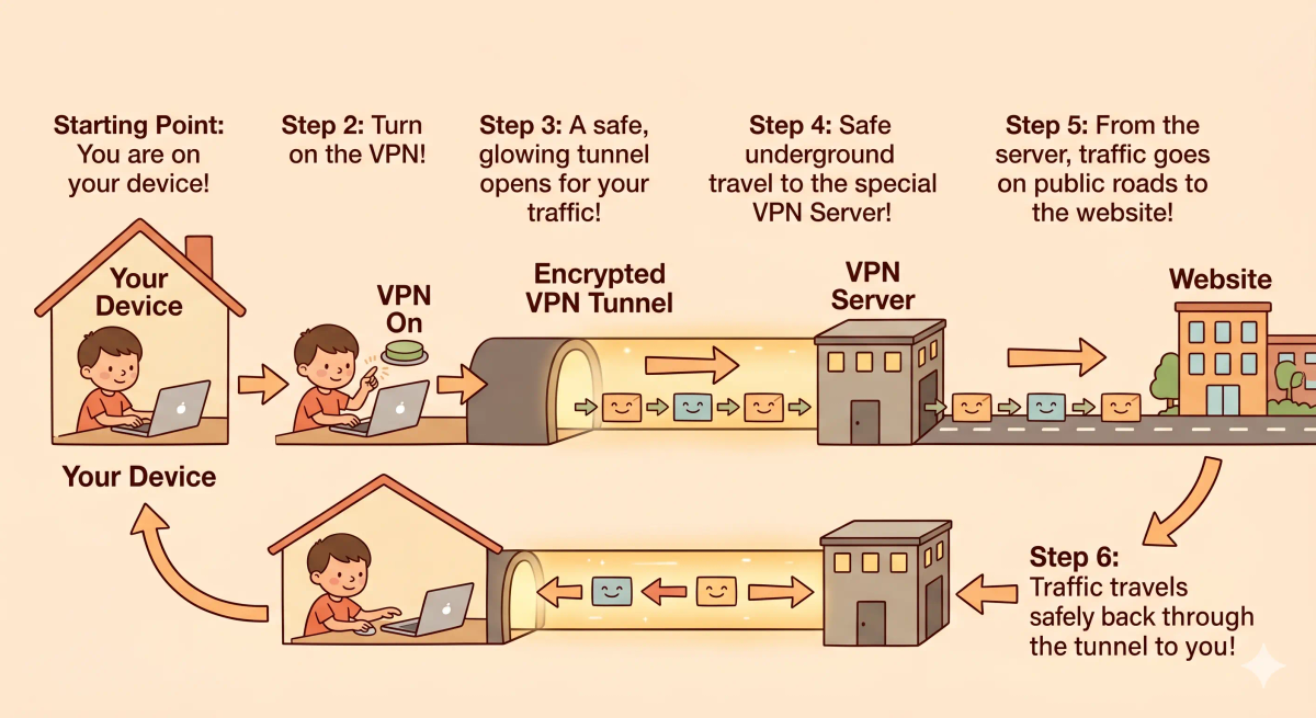A picture showing the step-by-step flow of how a VPN creates a protected connection to a VPN server and then sends traffic onward to the website, with responses returning through the same path.