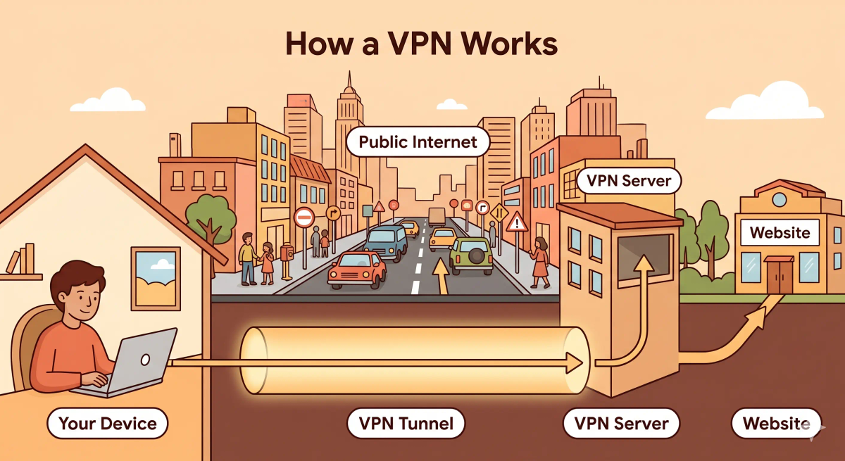 A picture showing a city with busy public roads and a protected tunnel underneath, representing how a VPN works by sending traffic through a protected tunnel to a VPN server before reaching the website.
