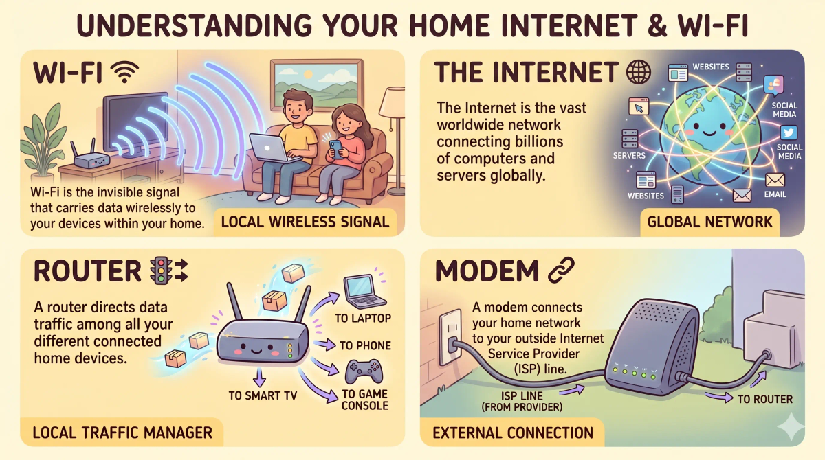 A picture showing the difference between Wi-Fi, internet, router, and modem using a simple home network analogy.