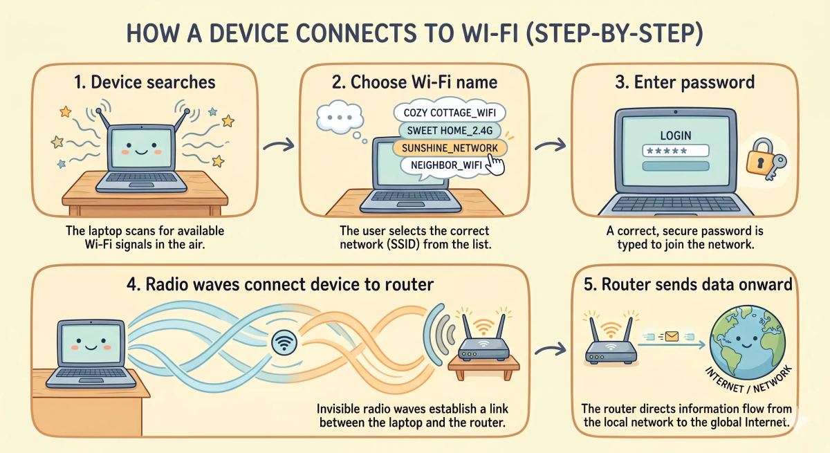 A picture showing the step-by-step flow of a device connecting to Wi-Fi and sending data through a router.
