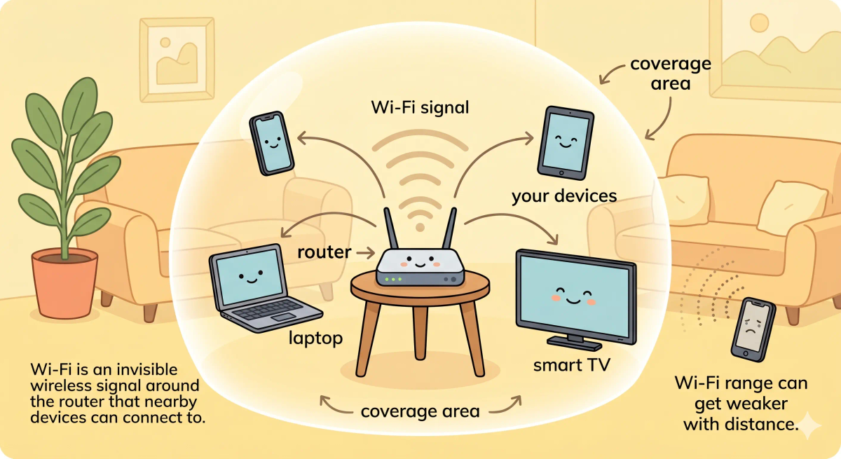 A picture showing a router creating an invisible Wi-Fi bubble that nearby devices can connect to.