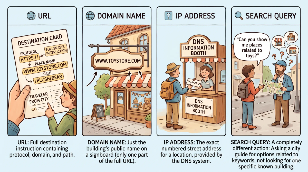 URL, domain name, DNS, IP address, HTTP, TCP, and server compared to show the parts involved in loading a webpage.