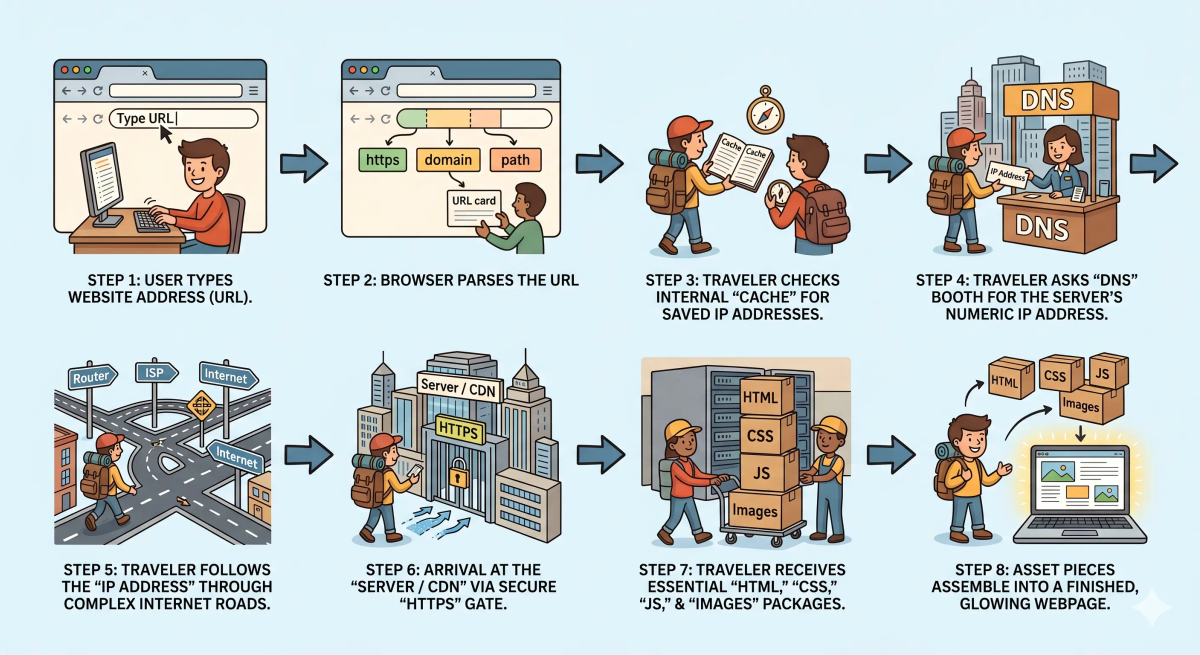 Step-by-step URL flow showing a browser parsing the URL, DNS finding the IP address, TCP connecting, HTTP requesting, and the server responding.