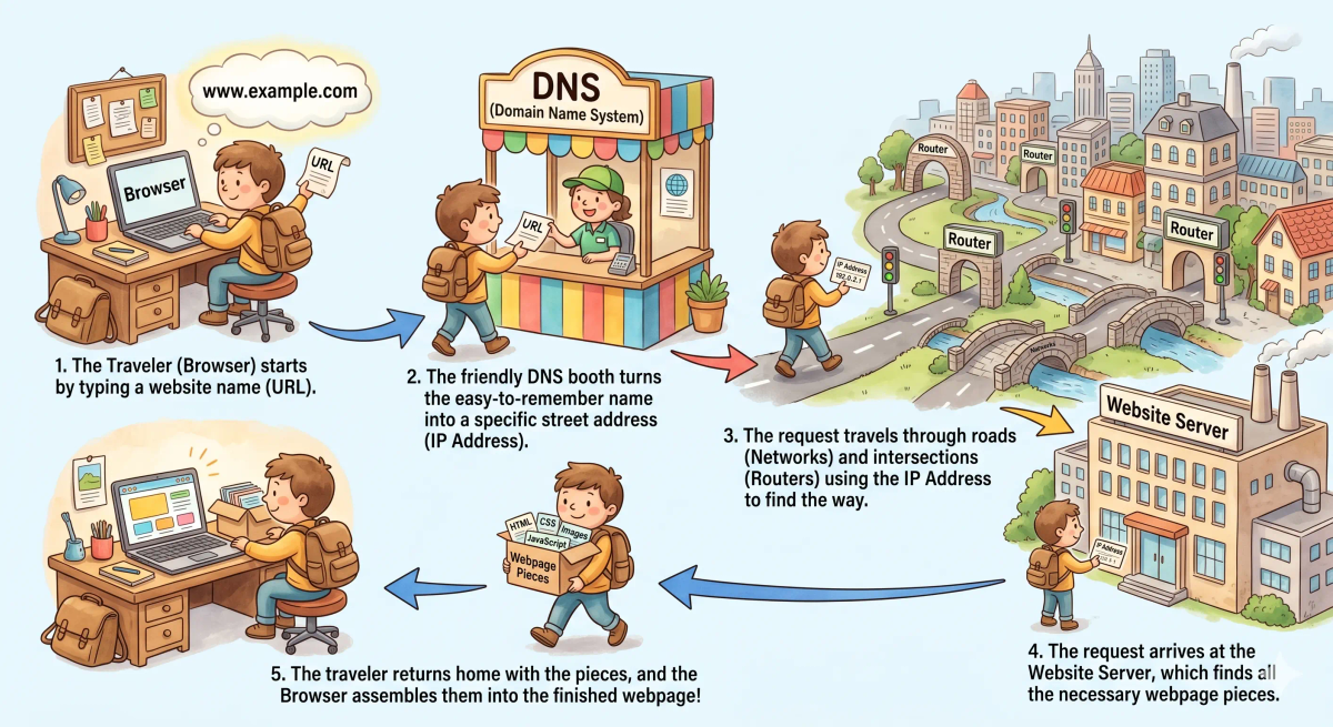 Browser journey after typing a URL, showing the browser reading the address, asking DNS, reaching a server, and loading the webpage.